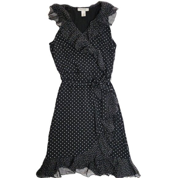 White House Black Market B&W Flutter V-Neck Wrap Look Polka Dot Dress Size 0 - Picture 1 of 10